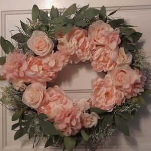 Wreath Blush Colored Rose Hydrangeas Silk Artificial Flower Indoor Outdoor